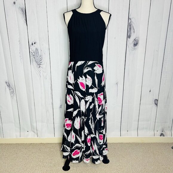 52seven Black Floral Maxi Halter Dress Sz 14 Keyhole Back Sleeveless Stretch - Picture 1 of 12